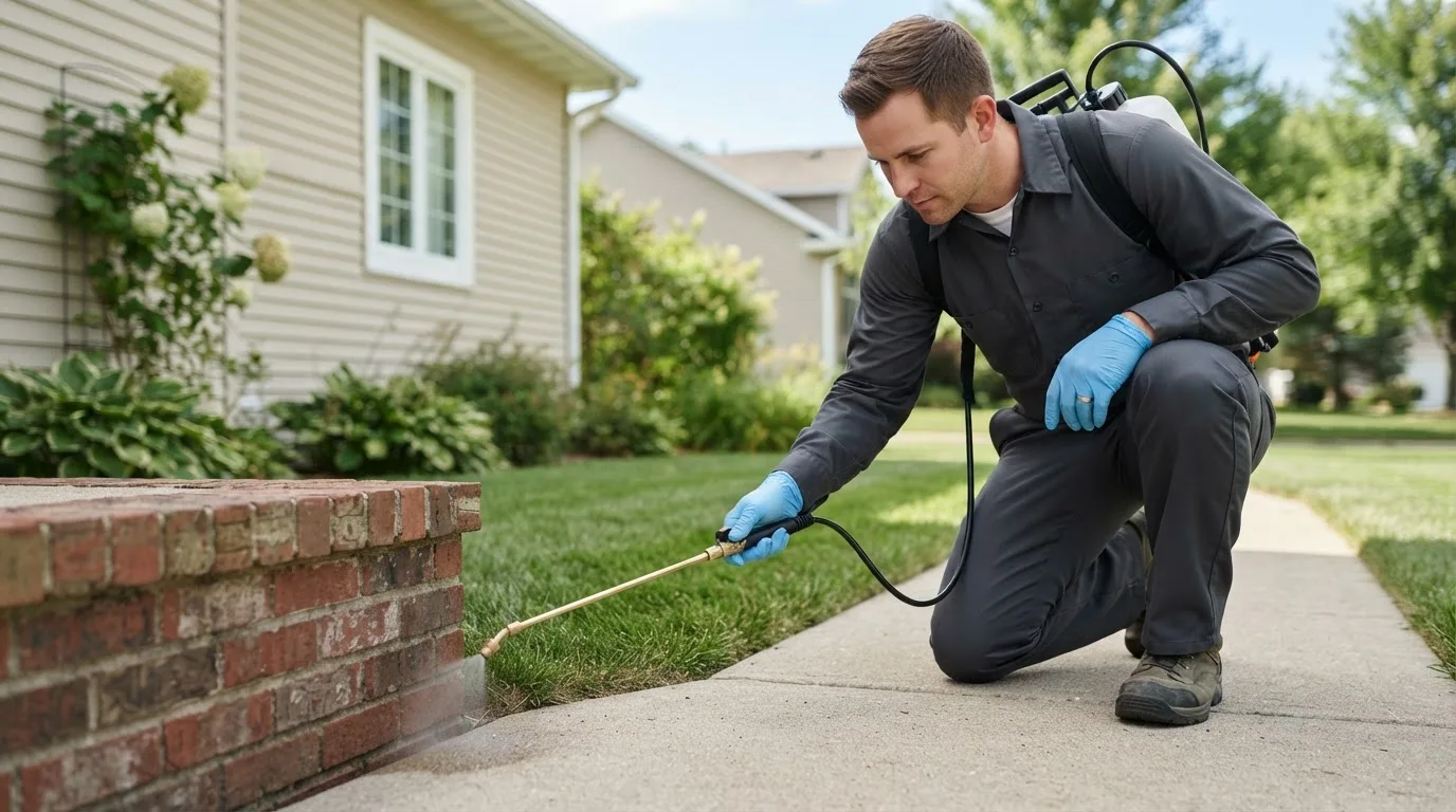Pest control technician treating a home near Milton, IN